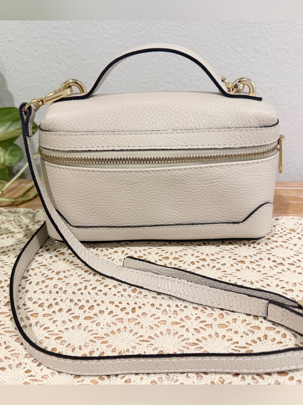 Anna Paola Genuine Leather Cream Crossbody Bag with Top Handle and gold hardware
